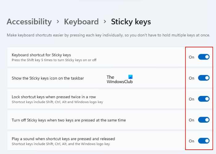 sticky keys options Windows 11