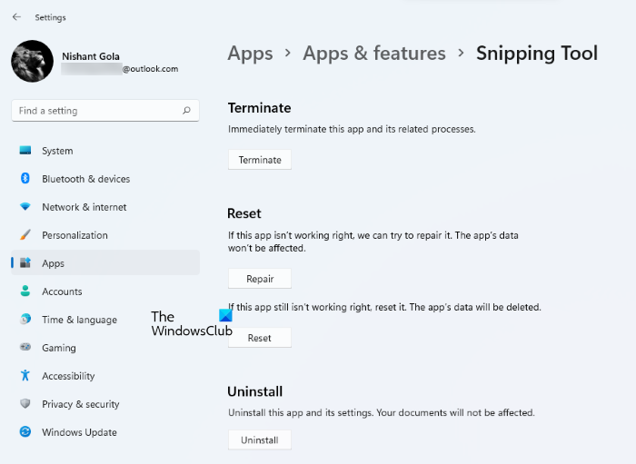 Reset Snipping Tool Windows 11