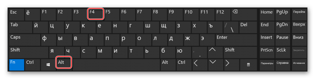 «Alt» и «F4» на клавиатуре